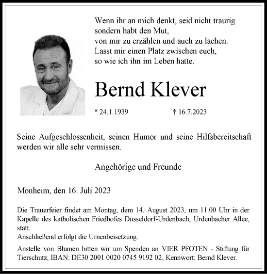Traueranzeige von Bernd Klever von Tageszeitung