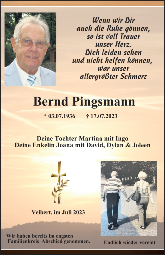 Traueranzeige von Bernd Pingsmann von Tageszeitung