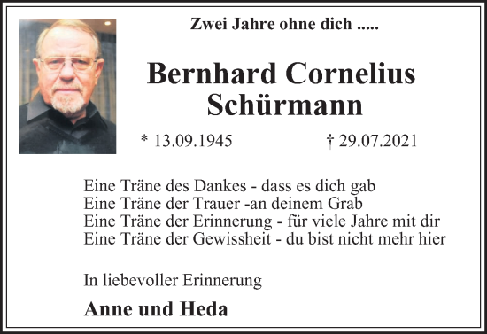 Traueranzeige von Bernhard Cornelius Schürmann von Tageszeitung