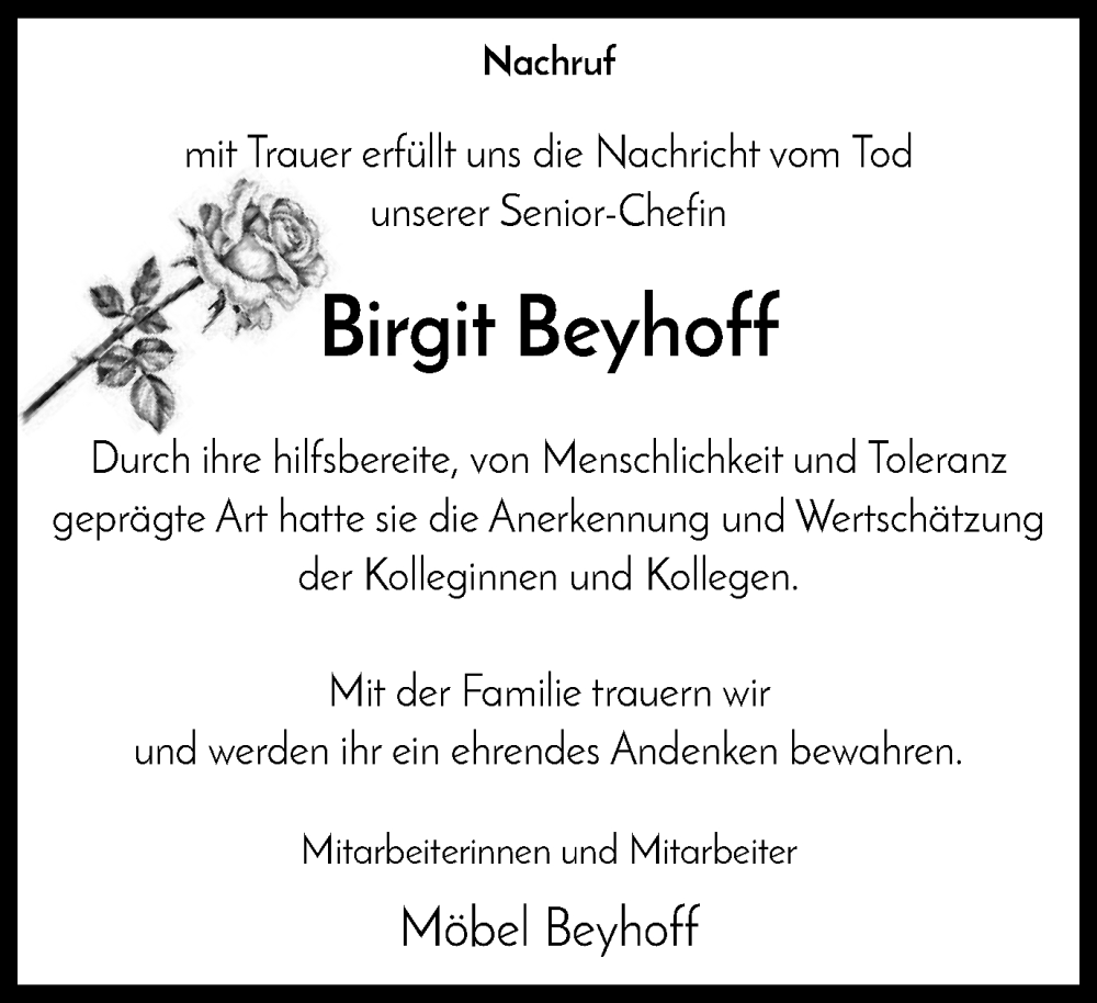  Traueranzeige für Birgit Beyhoff vom 22.07.2023 aus Tageszeitung