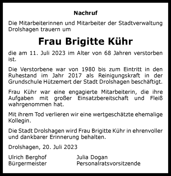 Traueranzeige von Brigitte Kühr von Tageszeitung