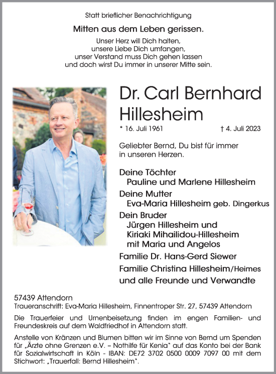 Traueranzeige von Carl Bernhard Hillesheim von Tageszeitung