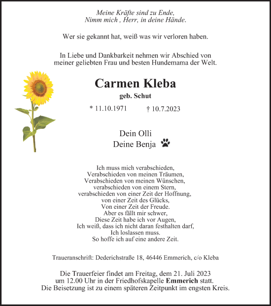 Traueranzeigen von Carmen Kleba | Trauer-in-NRW.de