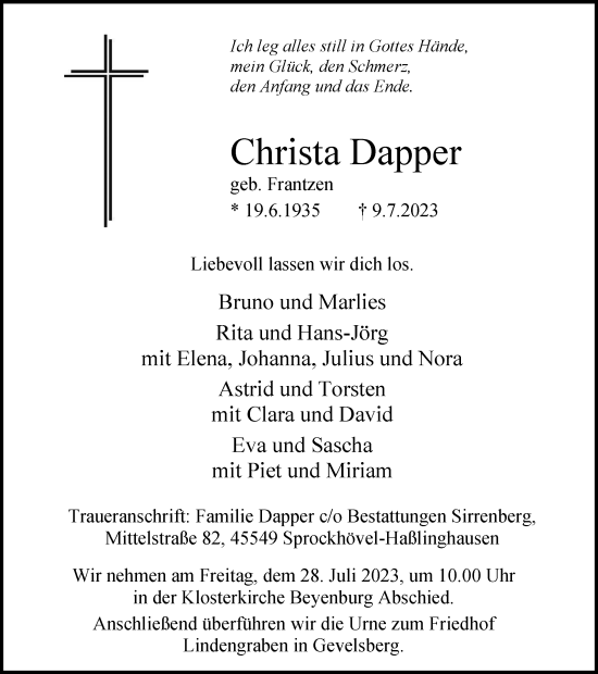 Traueranzeige von Christa Dapper von Tageszeitung