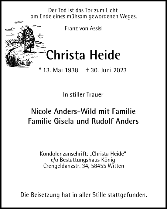 Traueranzeige von Christa Heide von Tageszeitung