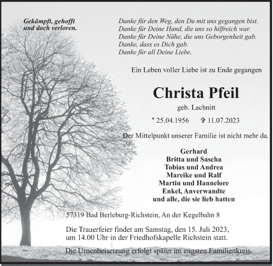 Traueranzeige von Christa Pfeil von Tageszeitung