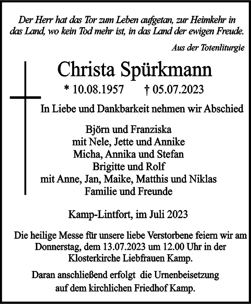  Traueranzeige für Christa Spürkmann vom 08.07.2023 aus Tageszeitung