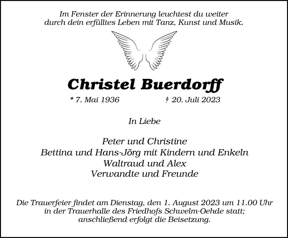  Traueranzeige für Christel Buerdorff vom 27.07.2023 aus Tageszeitung