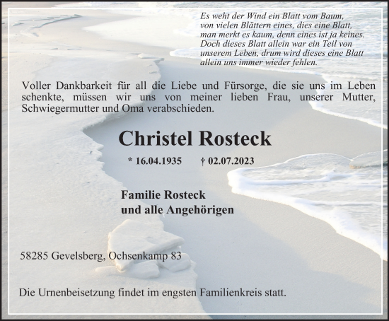 Traueranzeige von Christel Rosteck von Tageszeitung