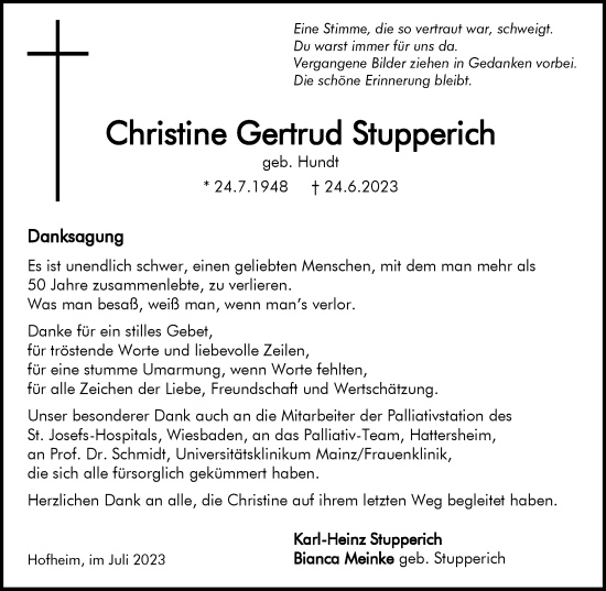 Traueranzeige von Christine Gertrud Stupperich von Tageszeitung