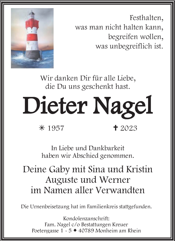  Traueranzeige für Dieter Nagel vom 22.07.2023 aus Tageszeitung