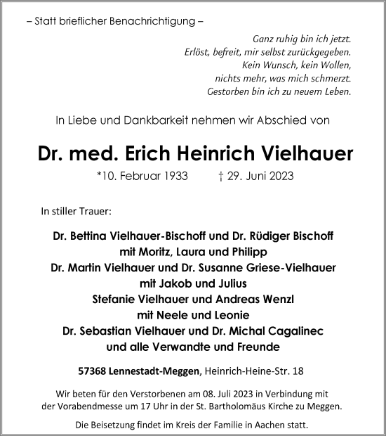 Traueranzeige von Dr. med. Erich Heinrich Vielhauer von Tageszeitung