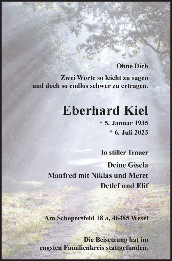 Traueranzeige von Eberhard Kiel von Tageszeitung