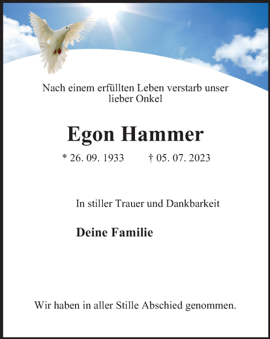 Traueranzeige von Egon Hammer von Tageszeitung