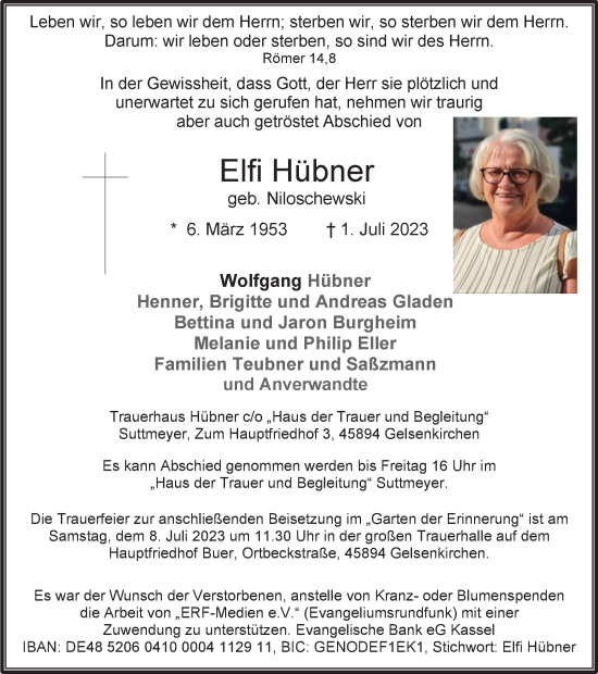 Traueranzeige von Elfi Hübner von Tageszeitung