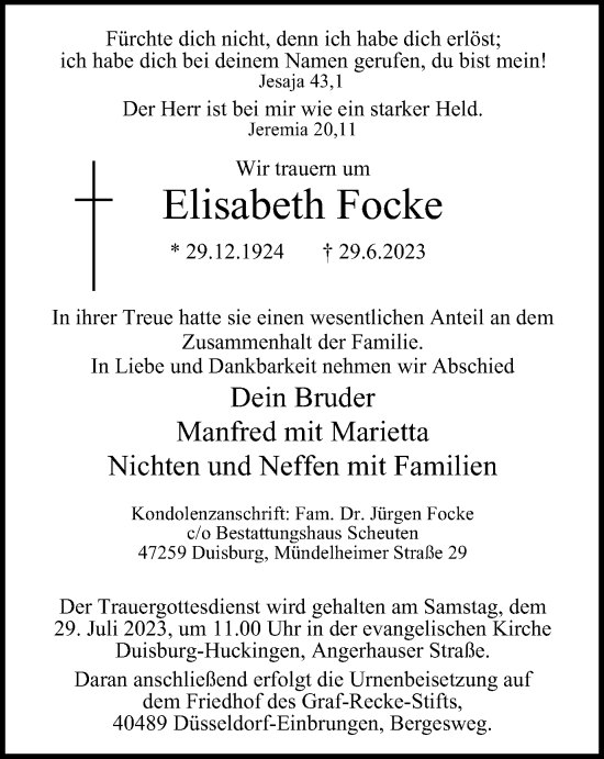 Traueranzeige von Elisabeth Focke von Tageszeitung