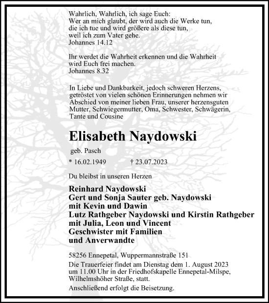 Traueranzeige von Elisabeth Naydowski von Tageszeitung