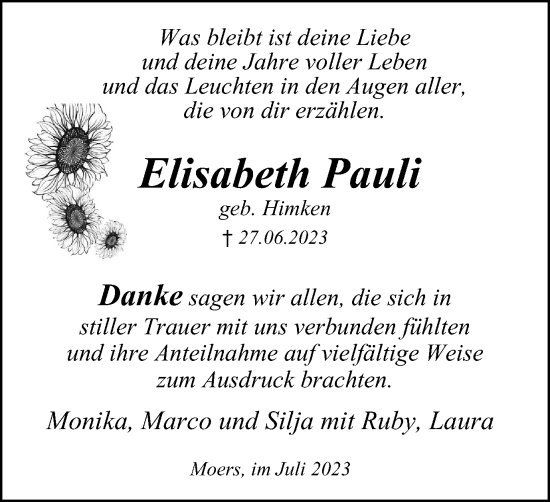 Traueranzeige von Elisabeth Pauli von Tageszeitung