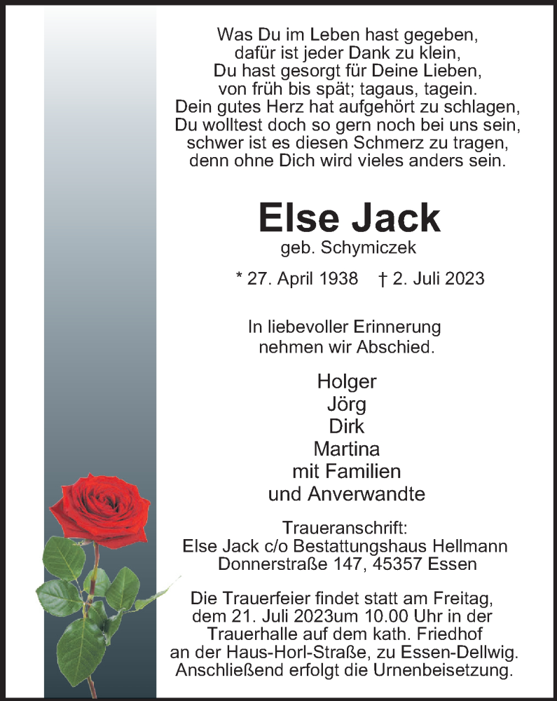  Traueranzeige für Else Jack vom 15.07.2023 aus Tageszeitung