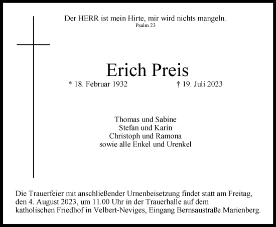 Traueranzeige von Erich Preis von Tageszeitung