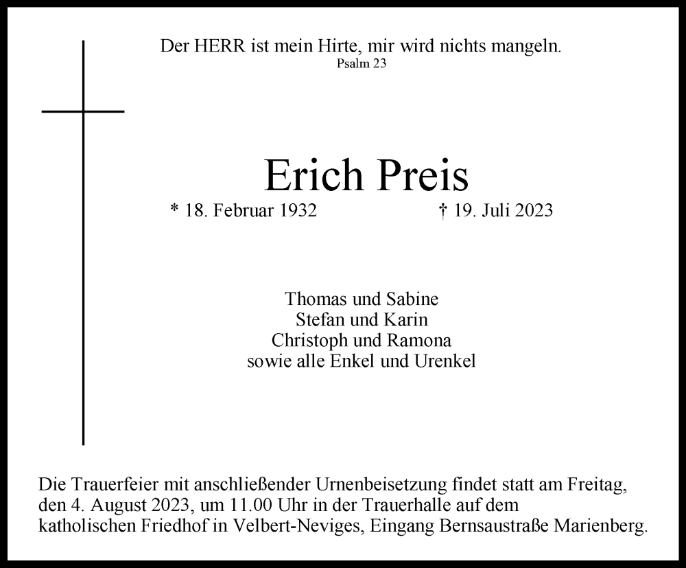  Traueranzeige für Erich Preis vom 29.07.2023 aus Tageszeitung