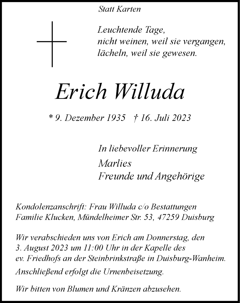  Traueranzeige für Erich Willuda vom 29.07.2023 aus Tageszeitung