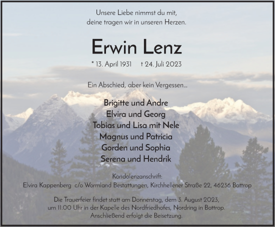 Traueranzeige von Erwin Lenz von Tageszeitung