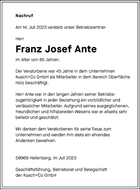 Traueranzeige von Franz Josef Ante von Tageszeitung