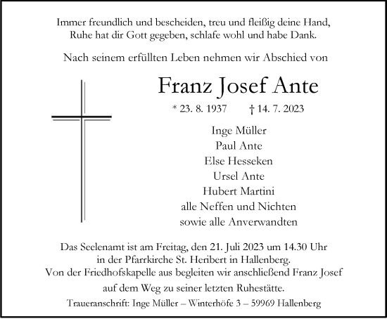 Traueranzeige von Franz Josef Ante von Tageszeitung