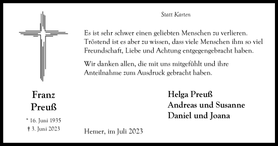 Traueranzeige von Franz Wilhelm Preuß von Tageszeitung
