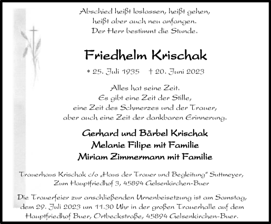Traueranzeige von Friedhelm Krischak von Tageszeitung