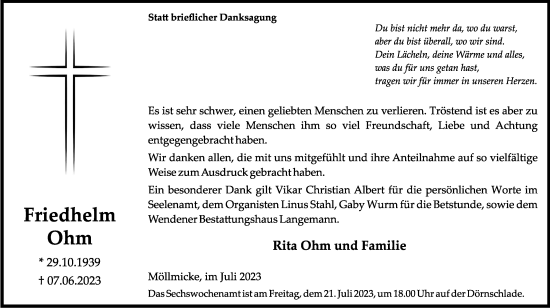 Traueranzeige von Friedhelm Ohm von Tageszeitung