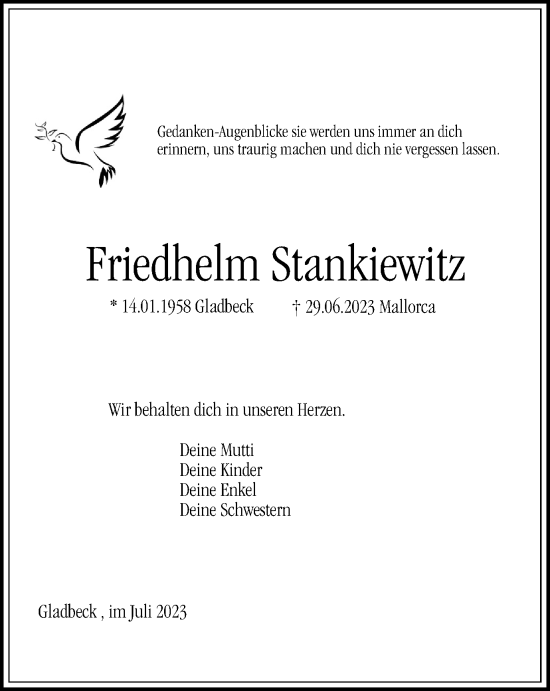 Traueranzeige von Friedhelm Stankiewitz von Tageszeitung