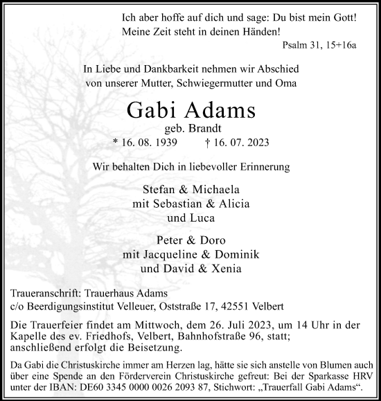 Traueranzeige von Gabi Adams von Tageszeitung