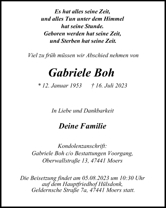 Traueranzeige von Gabriele Boh von Tageszeitung