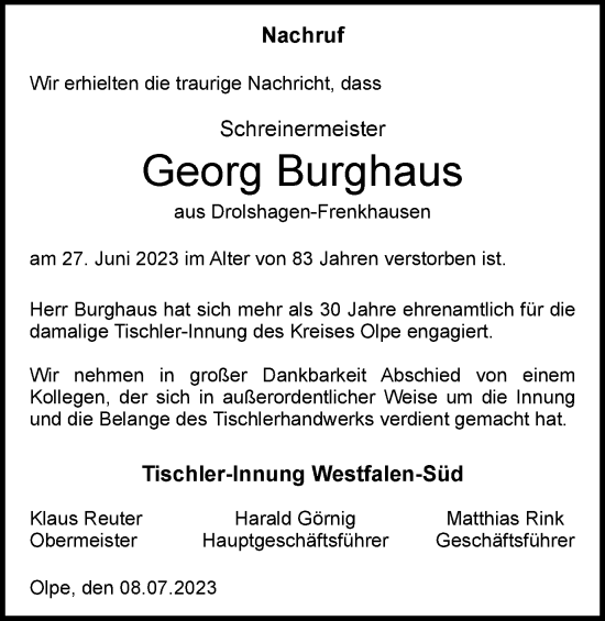 Traueranzeige von Georg Burghaus von Tageszeitung