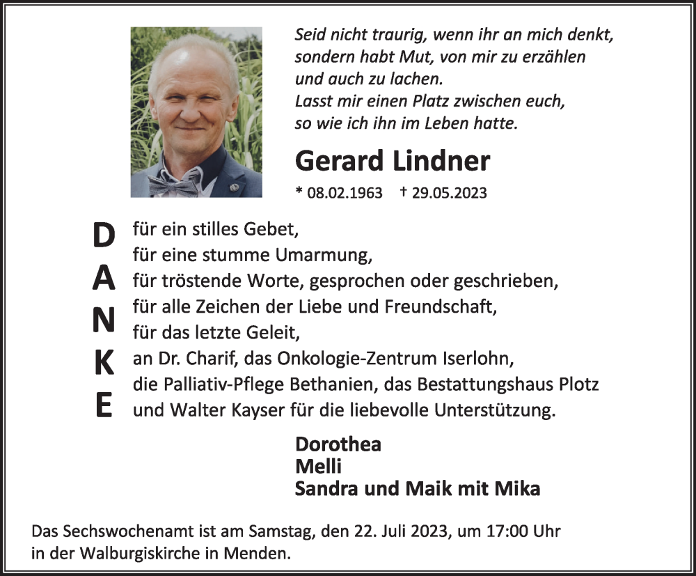  Traueranzeige für Gerard Lindner vom 15.07.2023 aus Tageszeitung