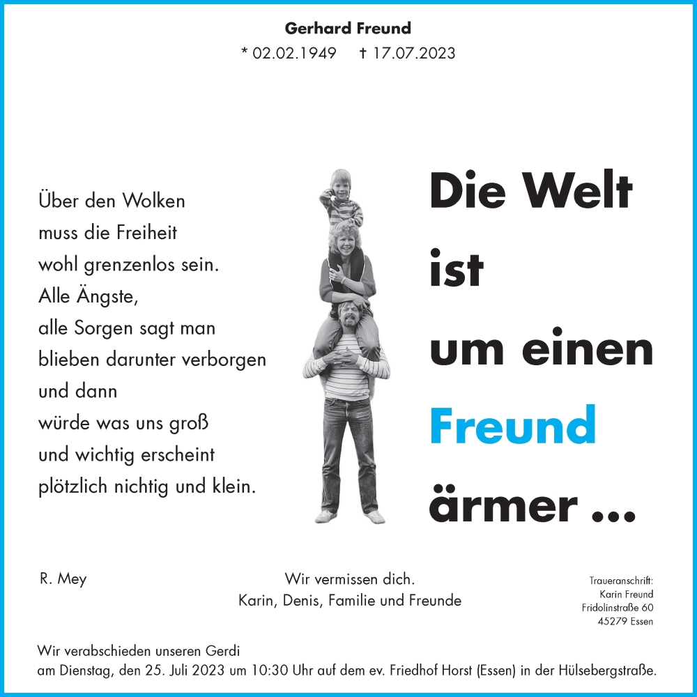  Traueranzeige für Gerhard Freund vom 22.07.2023 aus Tageszeitung