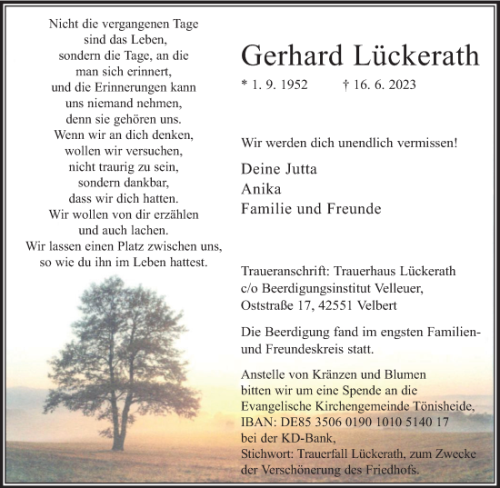 Traueranzeige von Gerhard Lückerath von Tageszeitung