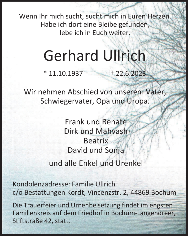  Traueranzeige für Gerhard Ullrich vom 22.07.2023 aus Tageszeitung