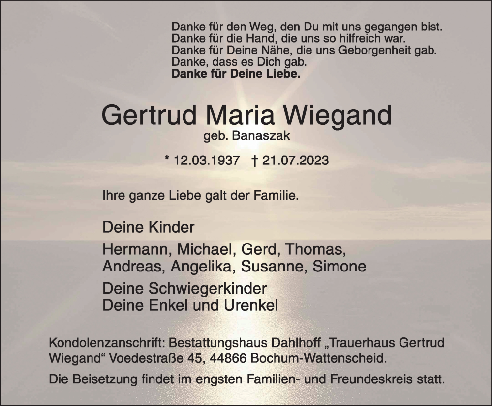  Traueranzeige für Gertrud Maria Wiegand vom 28.07.2023 aus Tageszeitung