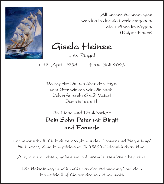 Traueranzeige von Gisela Heinze von Tageszeitung
