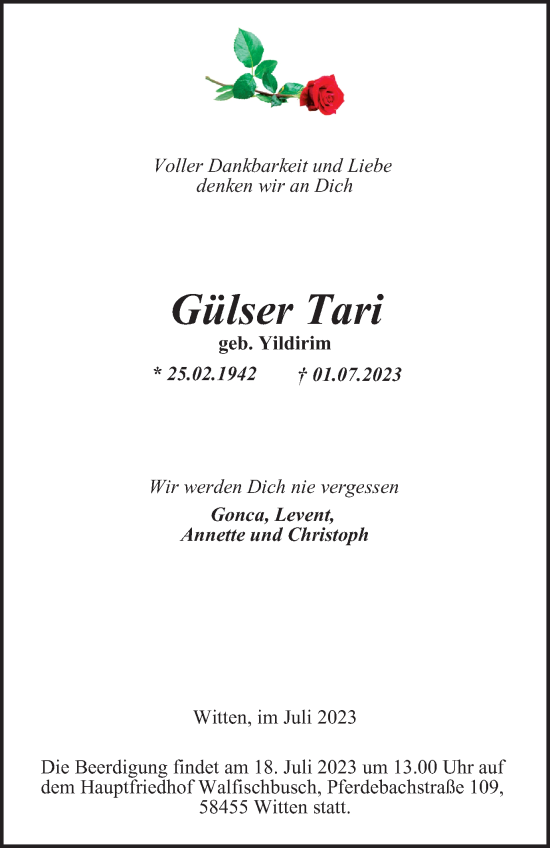 Traueranzeige von Gülser Tari von Tageszeitung