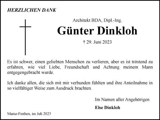 Traueranzeige von Günter Dinkloh von Tageszeitung