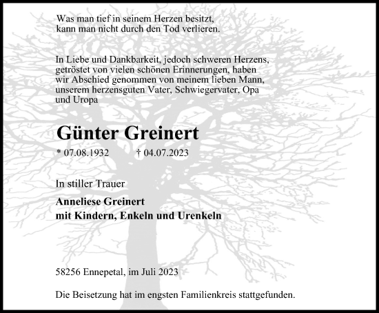 Traueranzeige von Günter Greinert von Tageszeitung