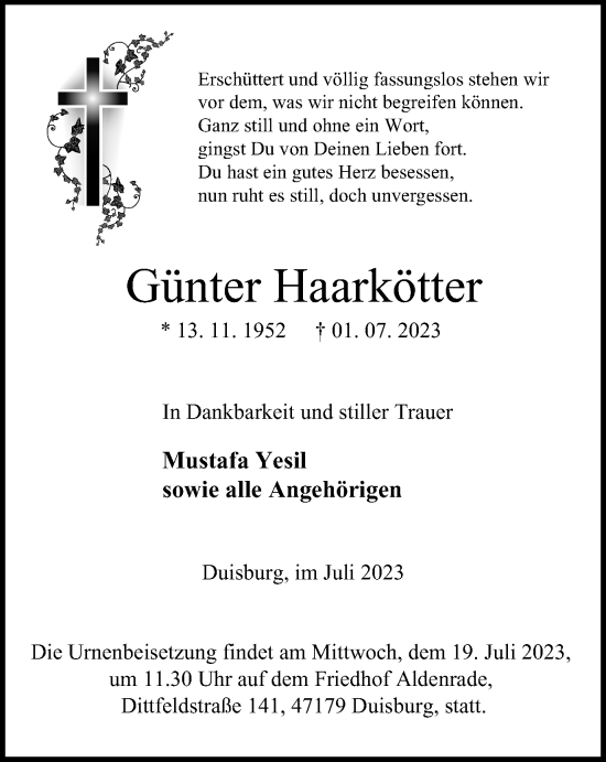 Traueranzeige von Günter Haarkötter von Tageszeitung