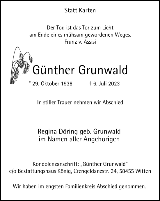 Traueranzeige von Günther Grunwald von Tageszeitung