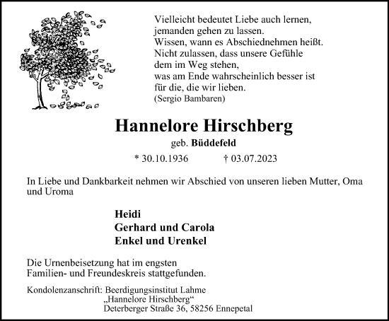 Traueranzeige von Hannelore Hirschberg von Tageszeitung