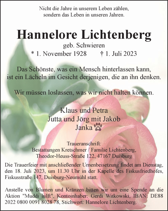 Traueranzeige von Hannelore Lichtenberg von Tageszeitung