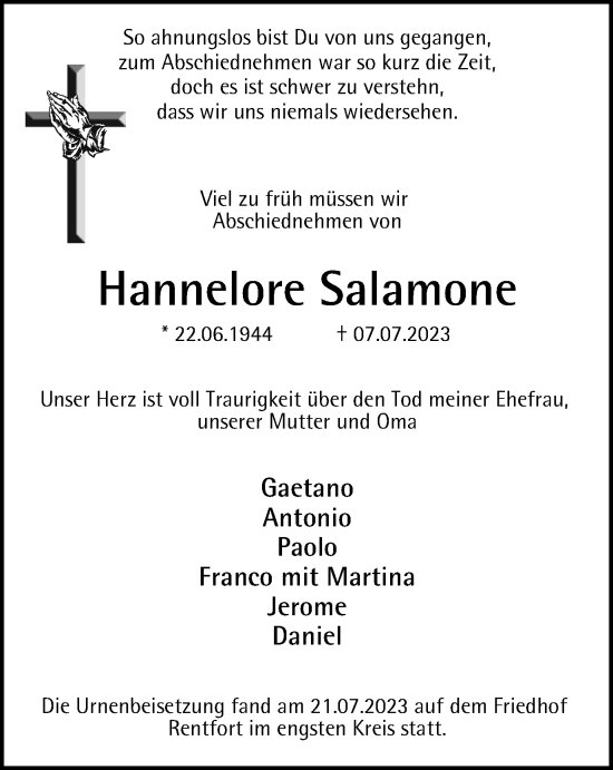 Traueranzeige von Hannelore Salamone von Tageszeitung